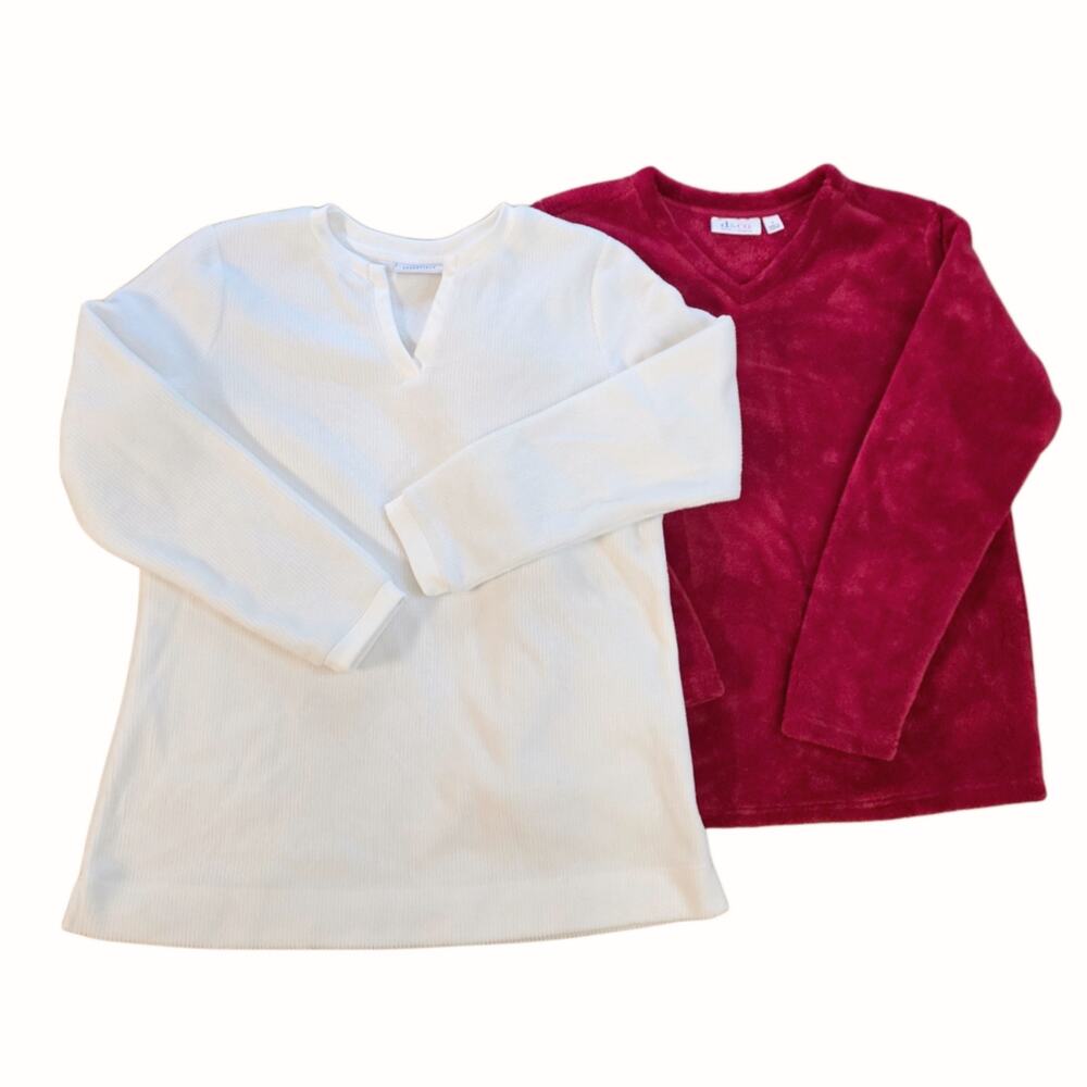 Denim Co Lot Size S Two Long Sleeve Tops Red Fleece Off White Ribbed Shirt Vneck